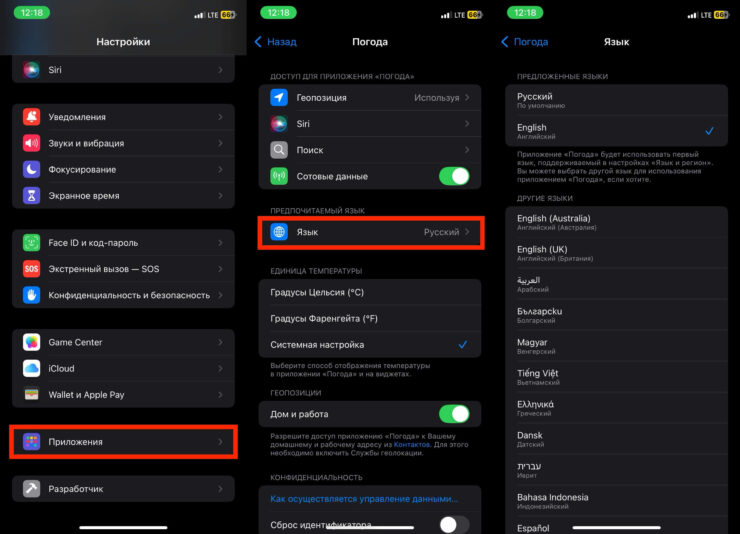 Как поменять язык в приложении. Для любого приложения можно поменять язык через настройки iPhone. Фото.