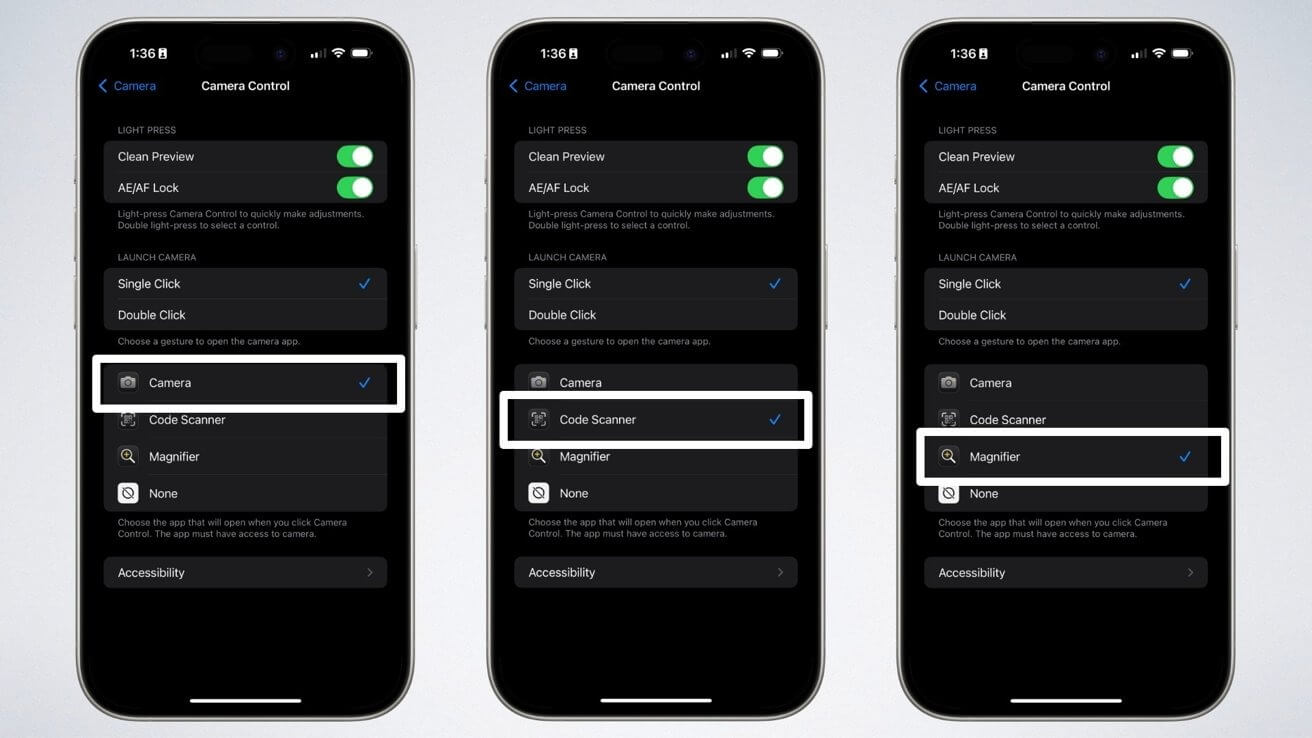 Кнопка Camera Control в Айфоне 16. Можно выбрать и среди сторонних приложений или вообще установить запуск сканера QR-кодов. Изображение: appleinsider.com. Фото.