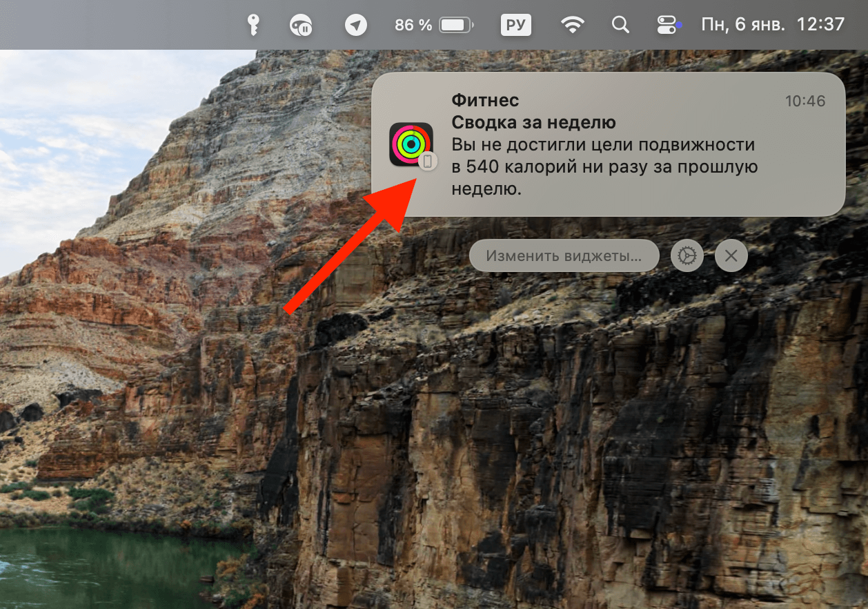 Уведомления с Айфона на Мак. На уведомлениях с Айфона будет отображаться соответствующая пиктограмма. Фото.