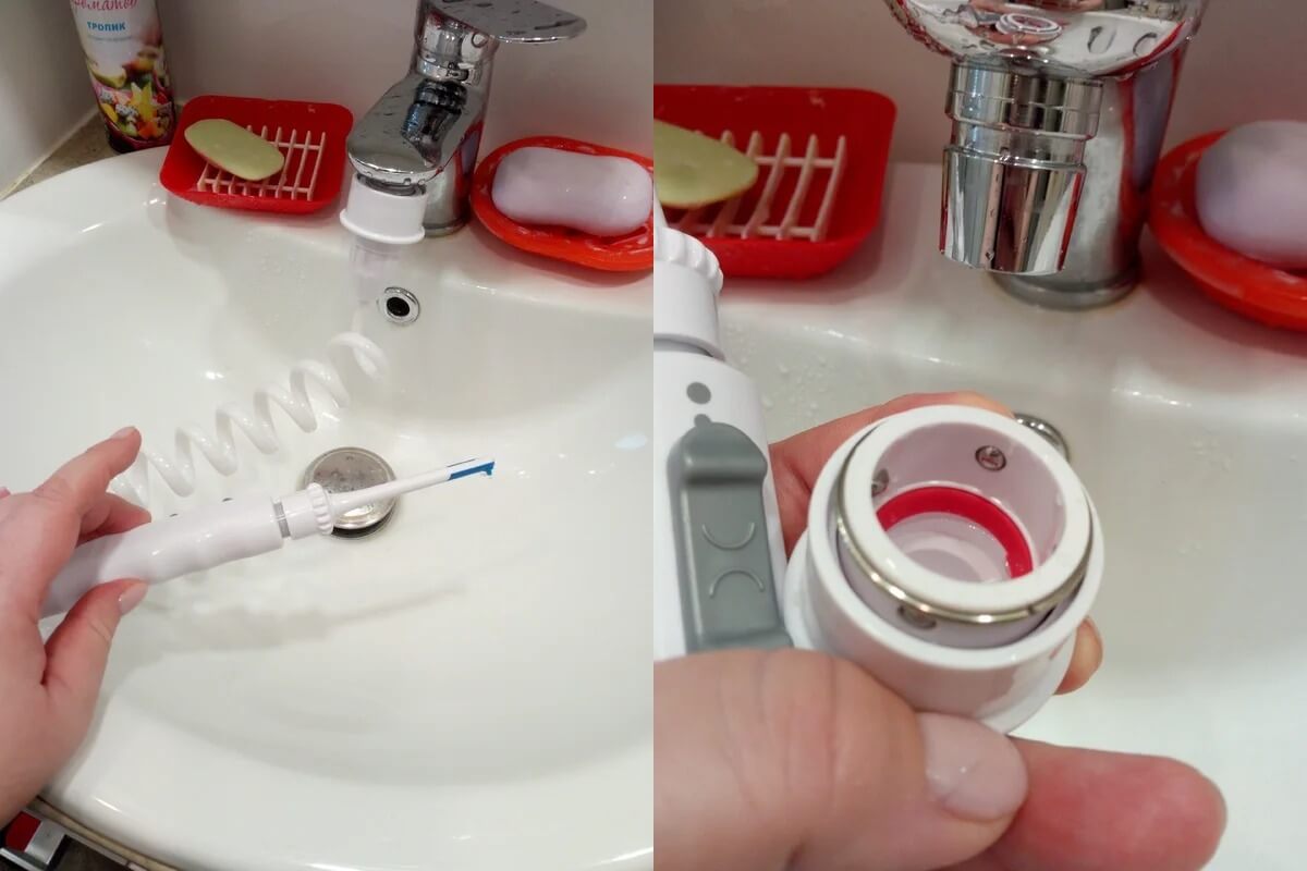 Ирригатор на кран. Ирригатор подключается напрямую к крану, и заряжать его не надо. Фото.