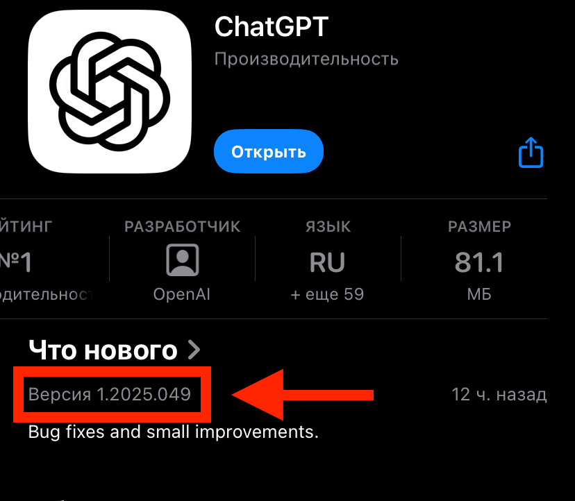 ChatGPT на Айфон. Для использования поиска ChatGPT необходимо приложение этой версии или новее. Фото.