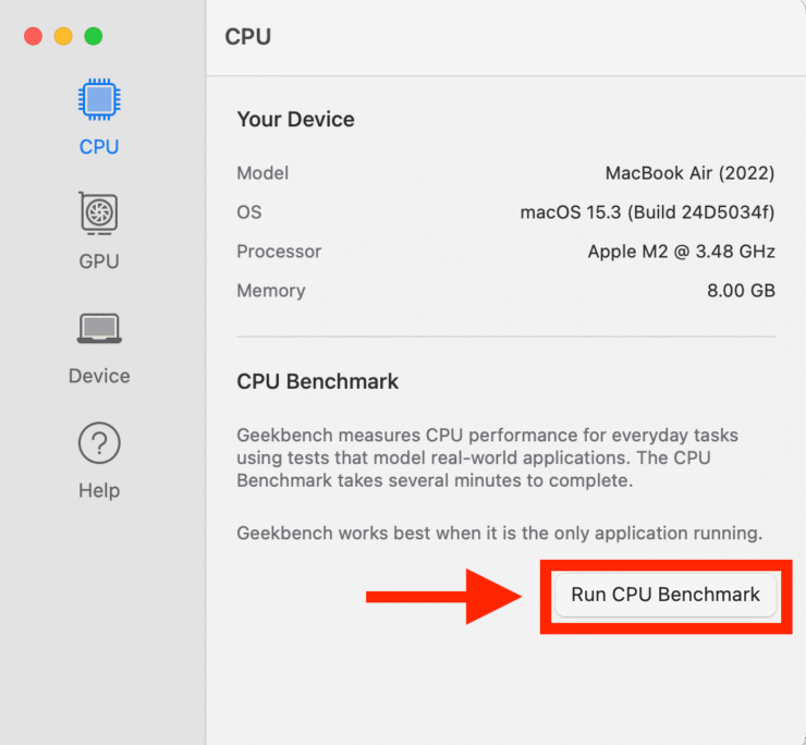 Geekbench 6 для MacBook. Запустите проверку производительности одной кнопкой. Фото.