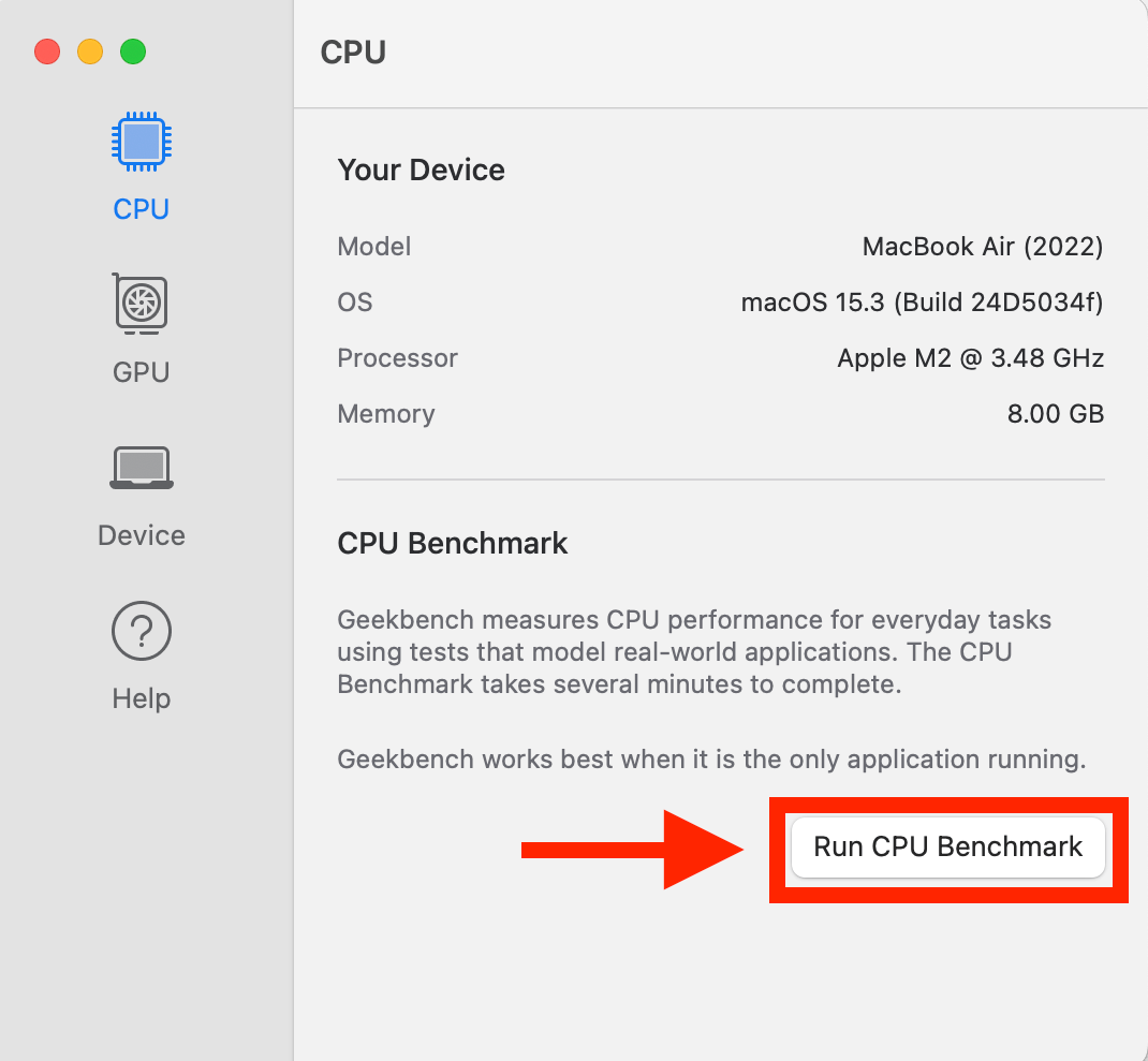Geekbench 6 для MacBook. Запустите проверку производительности одной кнопкой. Фото.