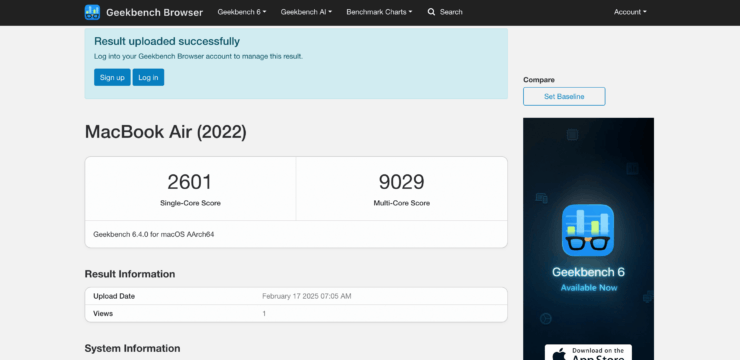 Geekbench 6 для MacBook. Полученный результат отобразится в браузере. Фото.