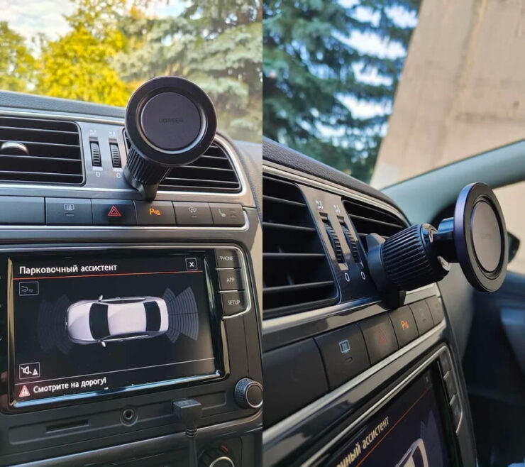 Магнитный держатель для телефона в машину. В комплекте идут магнитные кольца, которые позволят использовать с держателем любой смартфон. Фото.