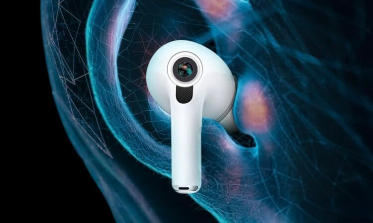 Наушники с камерой. Камеры в AirPods можно будет использовать для улучшения пространственного звука и жестового управления. Изображение: beebom.com. Фото.