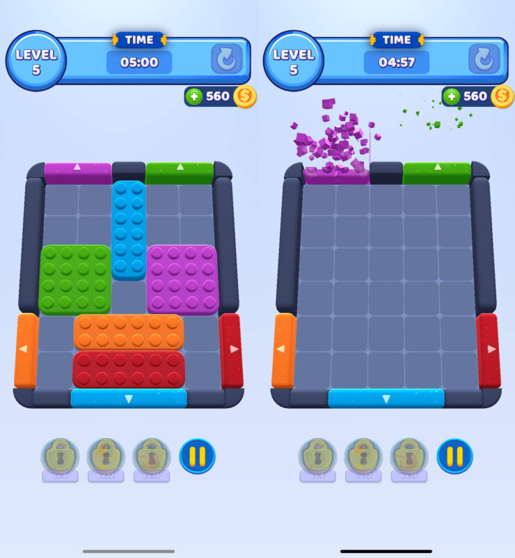 Color Block Jam — игра с цветами. Отправляйте блоки нужного цвета к краям и освобождайте поле. Фото.