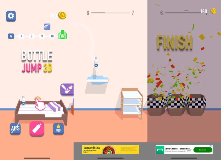 Bottle Jump 3D — бесплатная игра на Айфон. Не дать бутылке упасть не так-то просто. Фото.