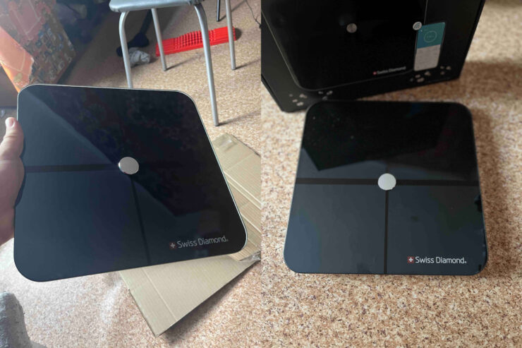 Swiss Diamond SD-SC 002 — умные напольные весы. Черная версия может сильно мараться, и ее часто придется протирать и чистить. Изображение: megamarket.ru. Фото.