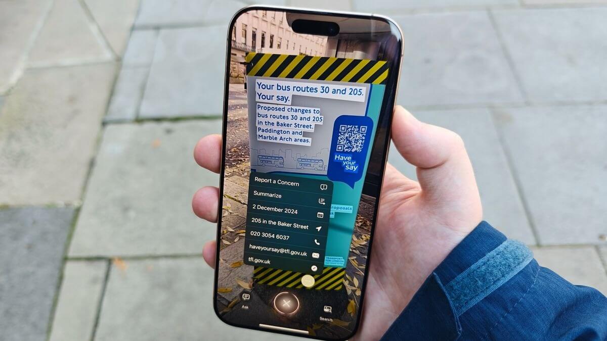 Visual Intelligence на iPhone. Любой текст можно распознать и использовать в сообщениях или любых других местах. Изображение: tomsguide.com. Фото.