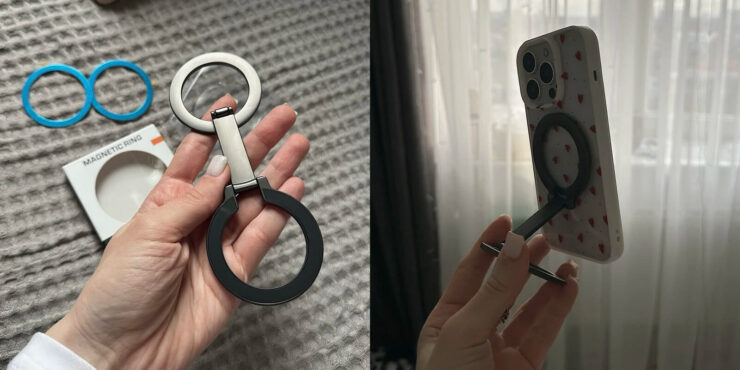 Подставка для Айфона с MagSafe. Просто магнитите ее к задней панели и пользуетесь. Фото.