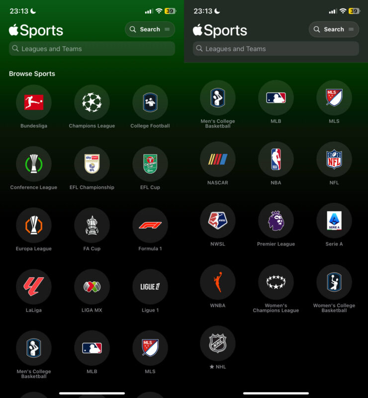 Результаты спортивных соревнований. Лиг и видов спорта в приложении не так много, как хотелось бы. Фото.