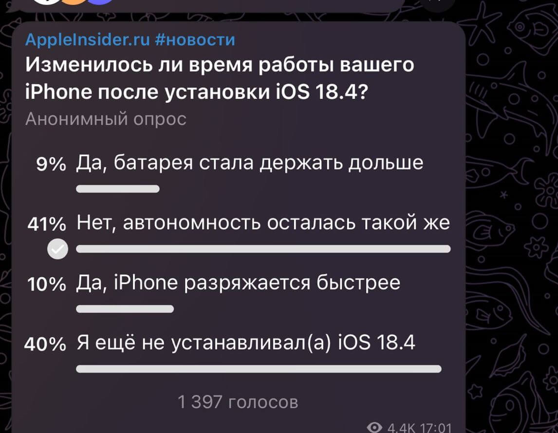 Стоит ли скачивать iOS 18.4. Наши читатели сделали свой выбор! iOS 18.4 точно не убивает батарею iPhone. Стоит ли скачивать iOS 18.4. Наши читатели сделали свой выбор! iOS 18.4 точно не убивает батарею iPhone. Фото.