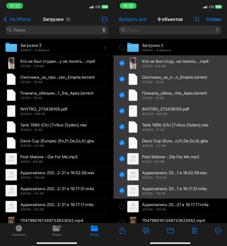 Как выделить файлы в папке. Файлы в папках можно выделять свайпом двумя пальцами. Фото.