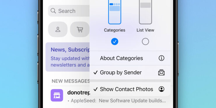 Что нового в iOS 18.5. Теперь можно быстро переключиться между режимами и убрать отображение лишней информации в приложении «Почта» на iPhone. Фото.