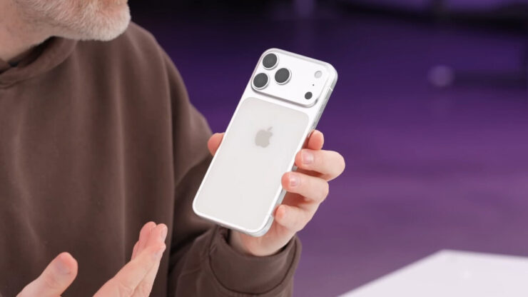 Дизайн Айфона 17 Про. Задняя панель со вставкой из стекла. Изображение: Unbox Therapy. Фото.