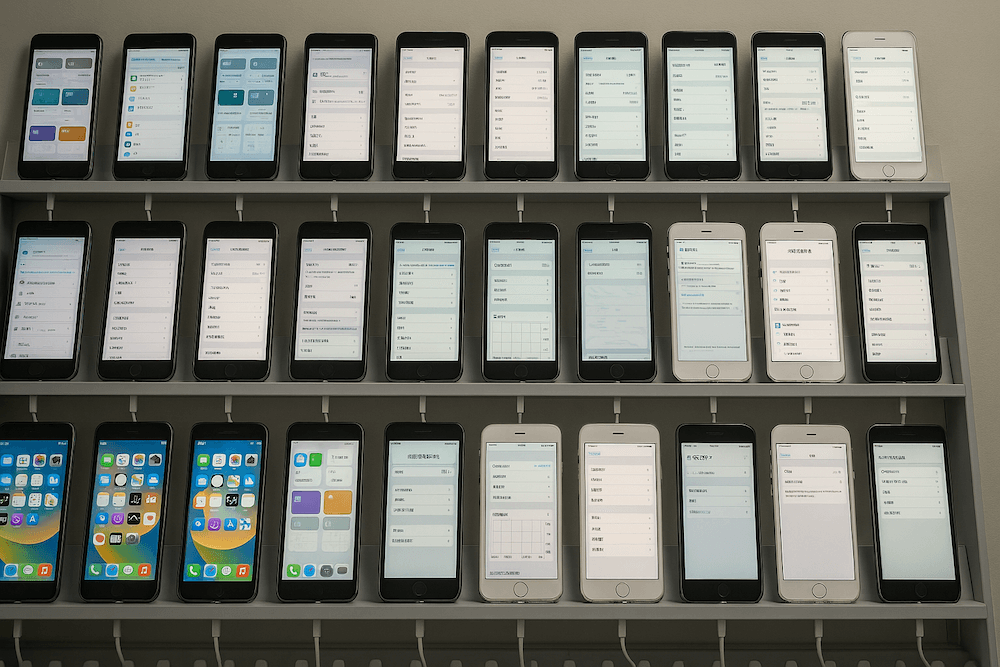 Мошенничество с использованием iPhone. Примерно так выглядят те самые фермы из сотен и тысяч Айфонов. Фото.