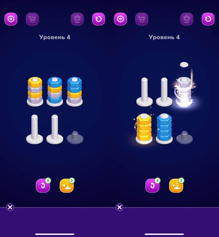 Nut Sort — игра сортируем цвета. Распределите гайки по цветам. Фото.