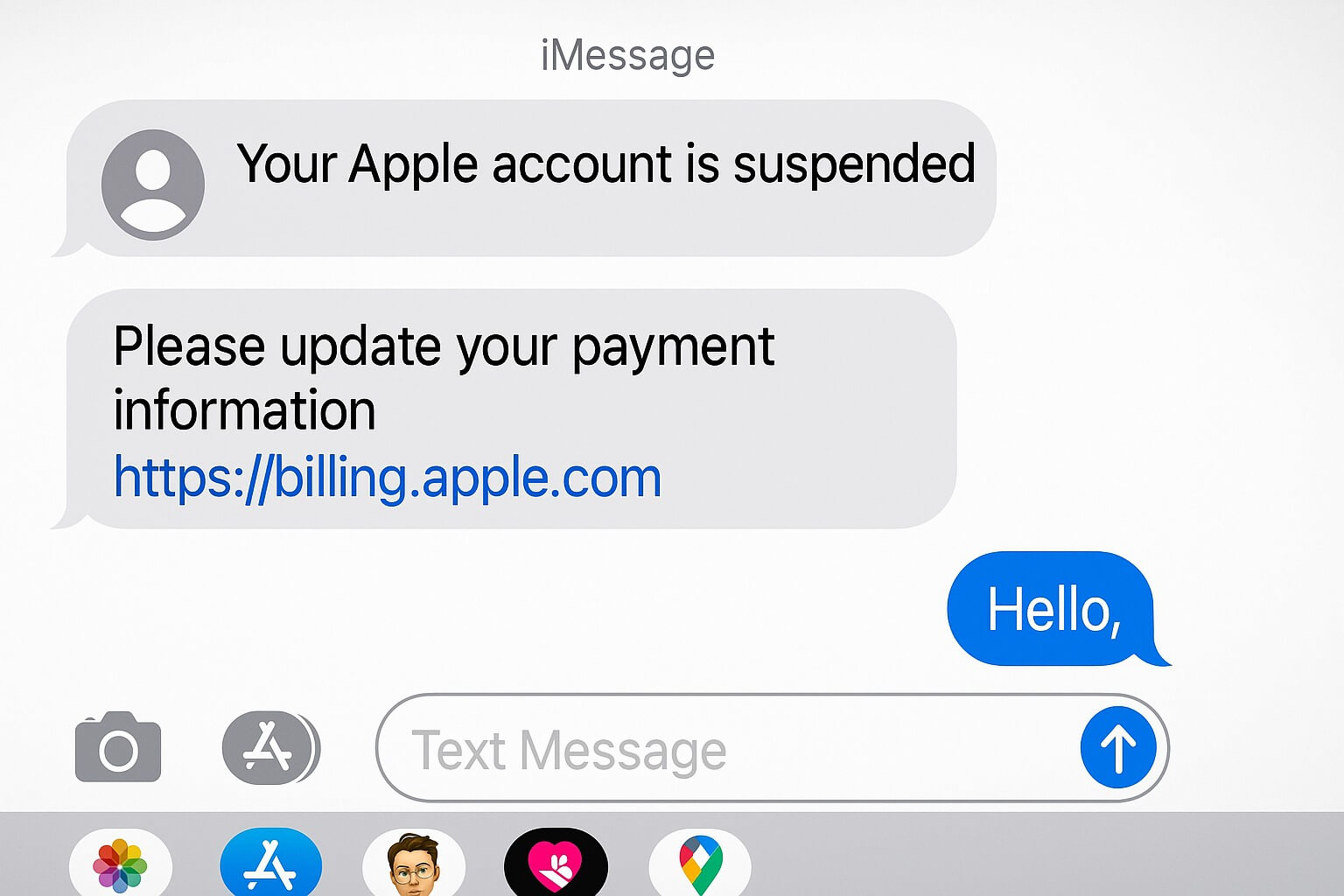 Безопасен ли iMessage. Вот такого рода сообщения получают жертвы мошеннических схем. Фото.