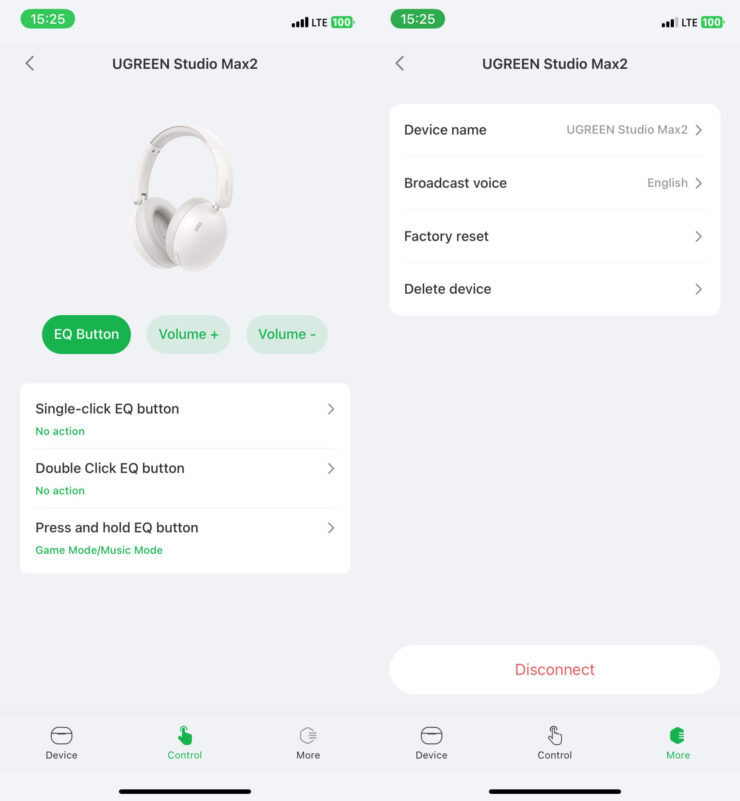 Приложение для наушников UGREEN. Голосовые подсказки при включении и отключении устройства нельзя выключить. Фото.
