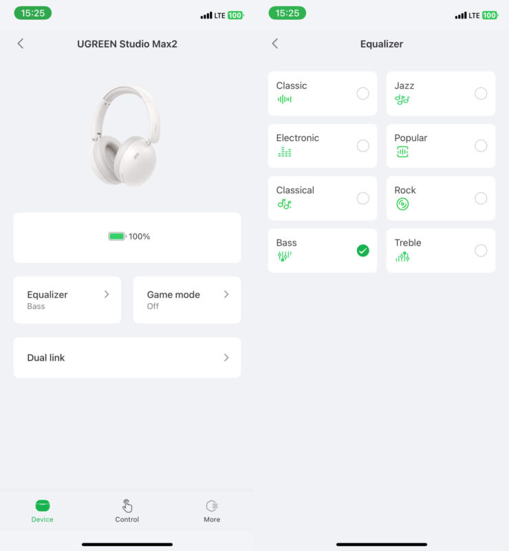 Приложение для наушников UGREEN. В приложении можно выбрать один из восьми эквалайзеров, но Bass самый нормальный. Фото.