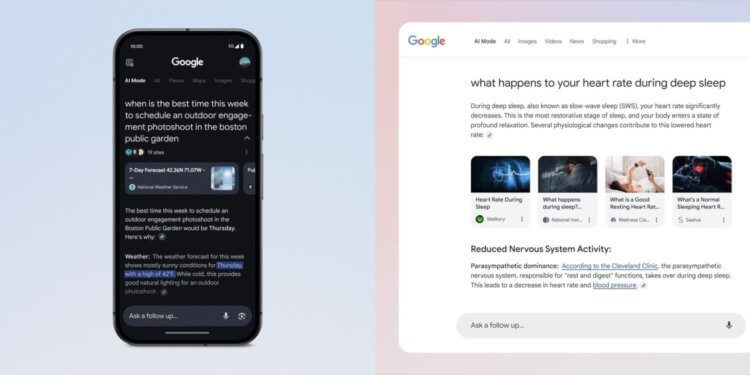 Google добавила искусственный интеллект в поиск, прямо как в Яндексе. Новый режим поиска доступен как в приложении Google для мобильных устройств, так и на компьютерах через сайт. Изображение: 9to5google.com. Google добавила искусственный интеллект в поиск, прямо как в Яндексе. Новый режим поиска доступен как в приложении Google для мобильных устройств, так и на компьютерах через сайт. Изображение: 9to5google.com. Фото.