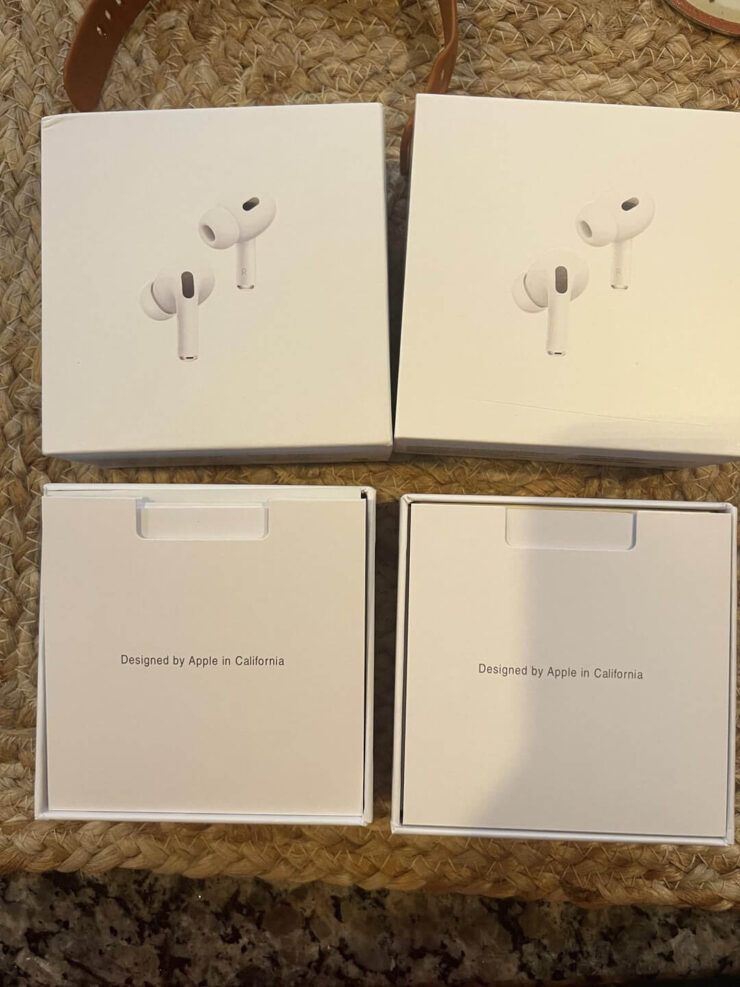 Коробка наушников AirPods. Обратите внимание на принты и шрифты. Явно не такие качественные, как у Apple. Изображение: reddit.com. Фото.
