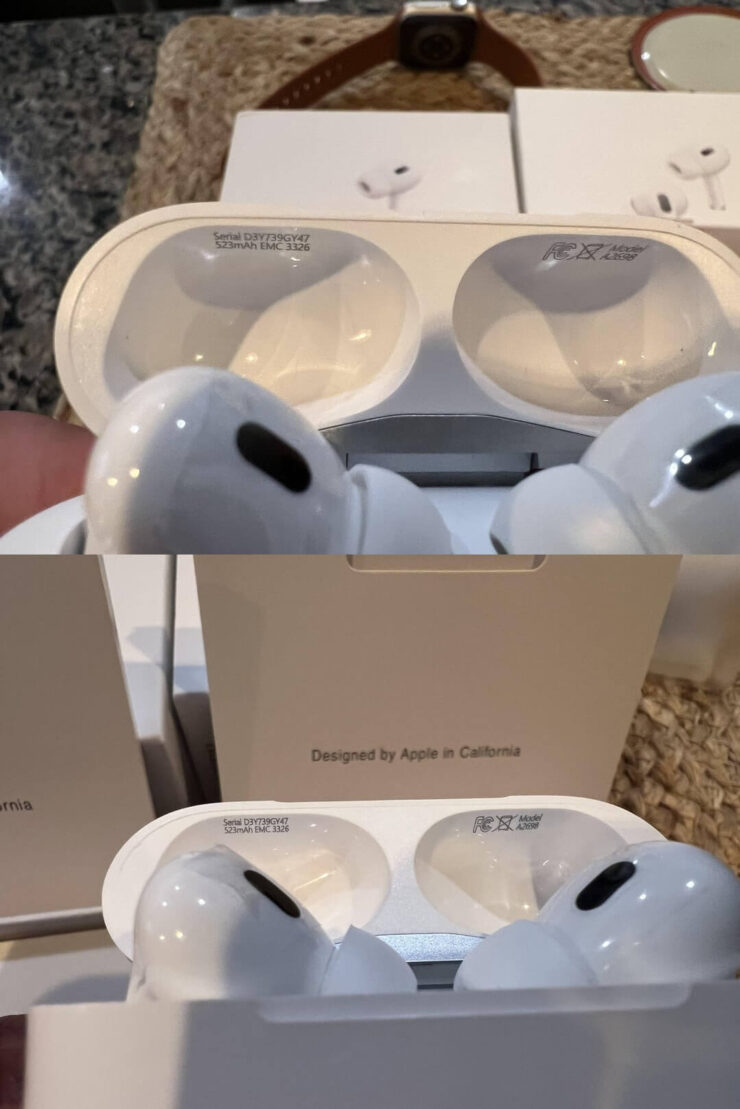 Серийный номер AirPods. Одинаковые серийники на двух разных подделках AirPods Pro 2. Ну и шрифты у Apple не такие яркие. Изображение: reddit.com. Фото.