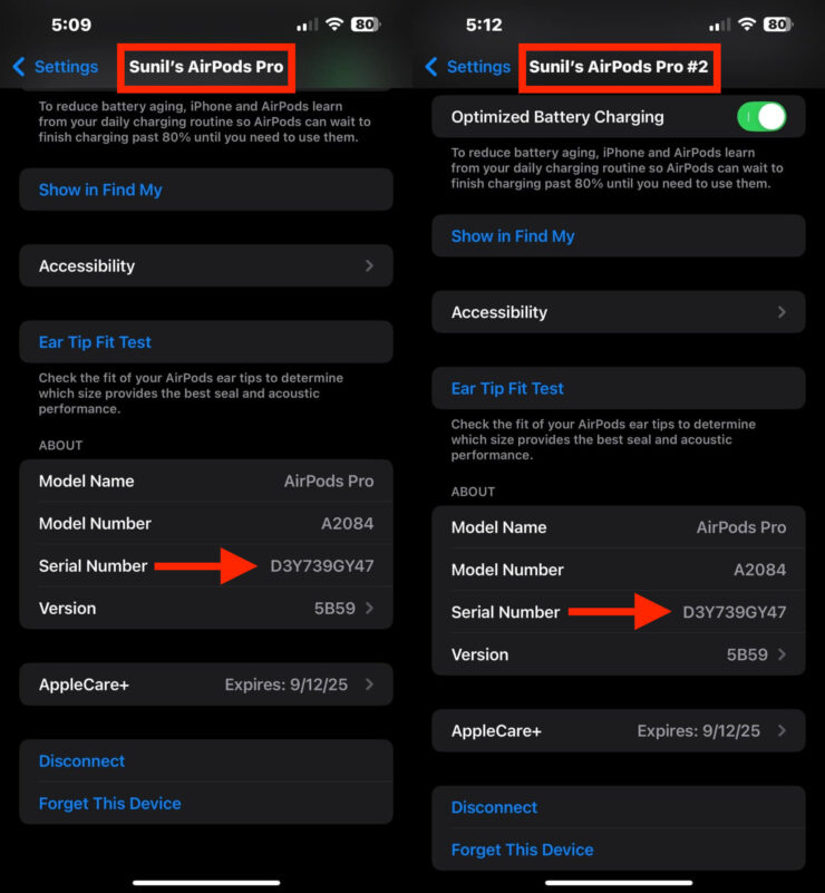 Серийный номер AirPods. Двое разных наушников, а серийник у них один. Изображение: reddit.com. Фото.