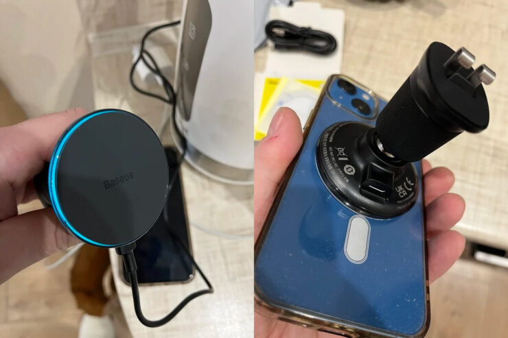 Магнитный держатель для Айфона с зарядкой. Держатель надежно держит смартфон. Фото.