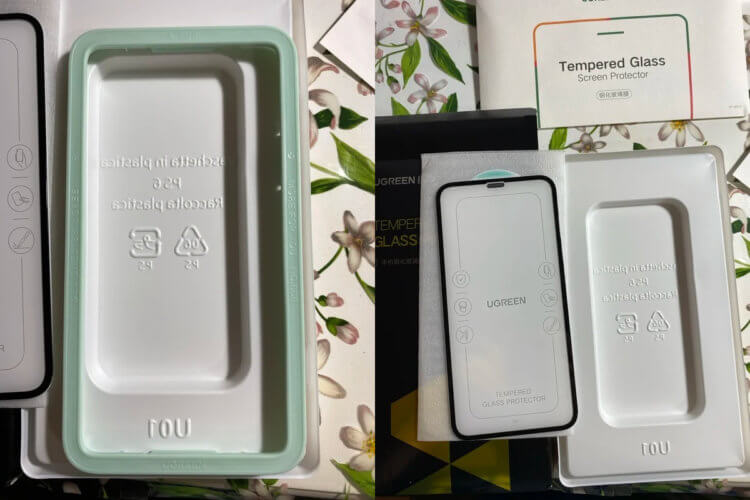 Защитное стекло для iPhone. В комплекте два стекла и форма для удобной поклейки. Защитное стекло для iPhone. В комплекте два стекла и форма для удобной поклейки. Фото.
