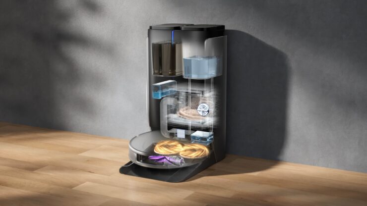 Робот-пылесос с самоочисткой. Станция не только очистит пылесос, но и постирает и высушит тряпки. Робот-пылесос с самоочисткой. Станция не только очистит пылесос, но и постирает и высушит тряпки. Фото.