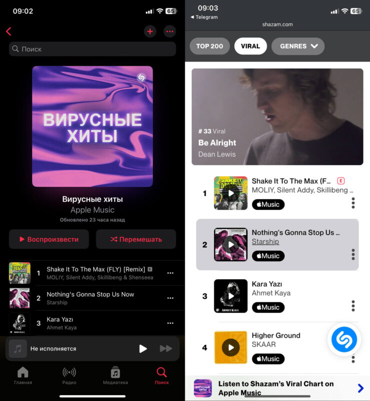 Список треков можно посмотреть в приложении «Музыка» или на сайте Shazam. Фото.