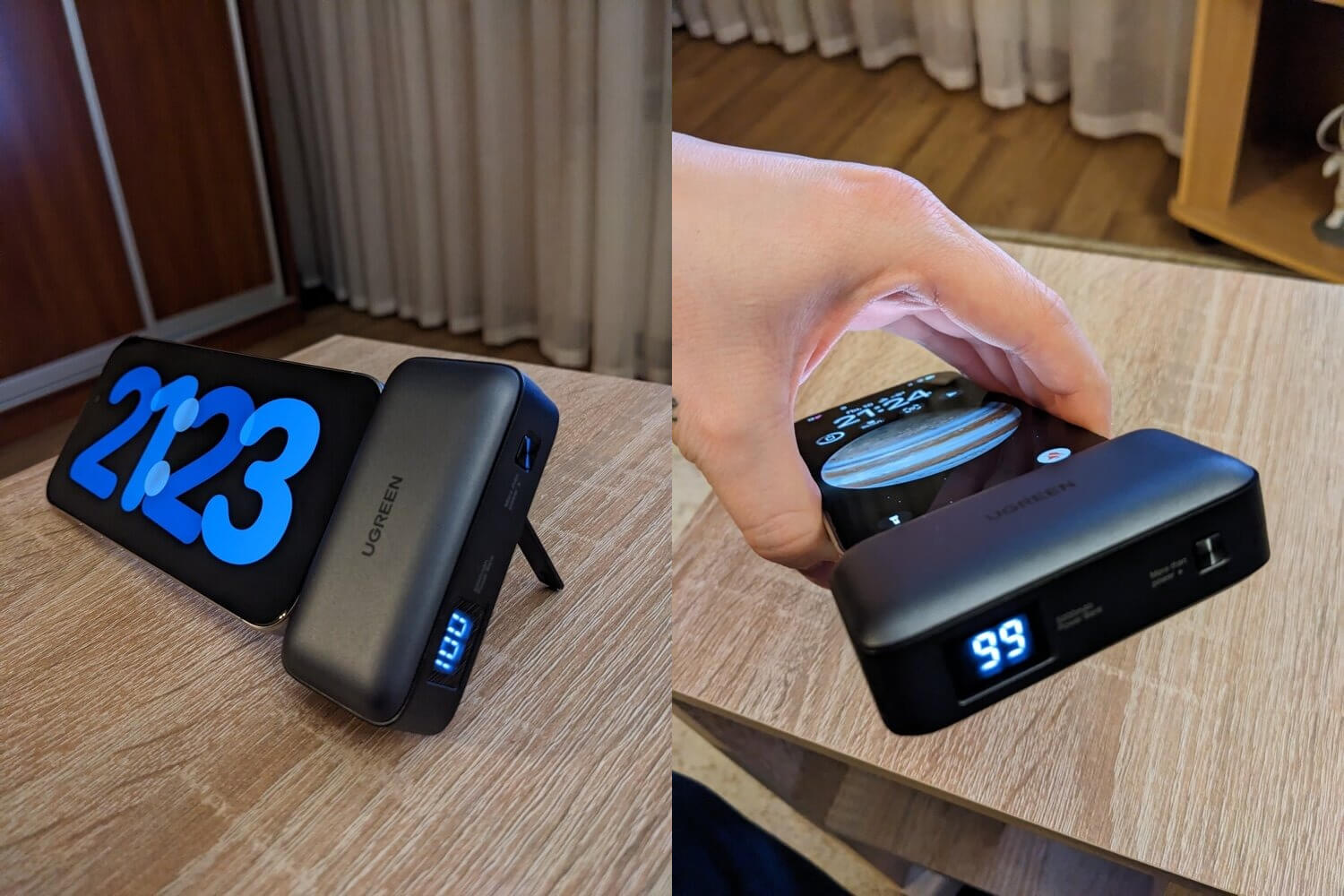 Внешний аккумулятор для телефона. Снизу небольшой экран показывает остаток заряда. Фото.