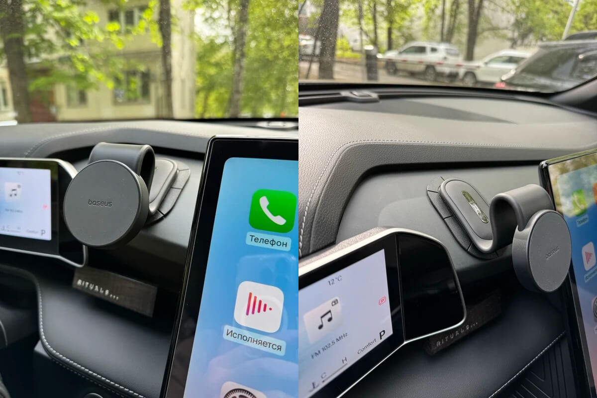 Магнитный держатель для Айфона в автомобиль. Держатель крепится к передней панели вашего автомобиля. Фото.