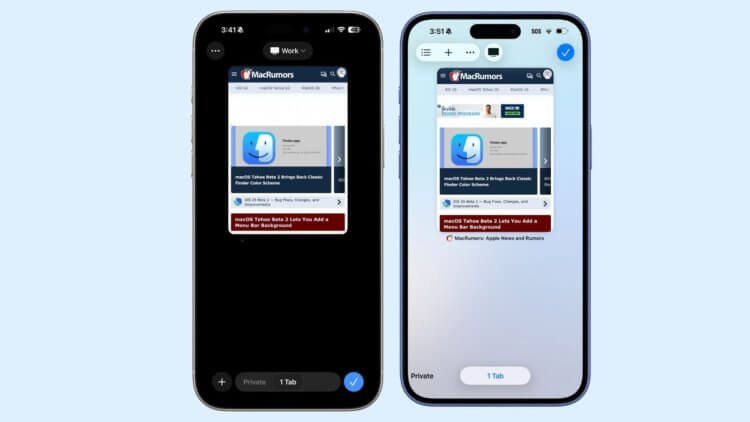 Что нового появилось в iOS 26 beta 2. Кнопку для добавления вкладок переместили сверху вниз. Первая бета справа, а вторая слева. Изображение: macrumors.com. Фото.