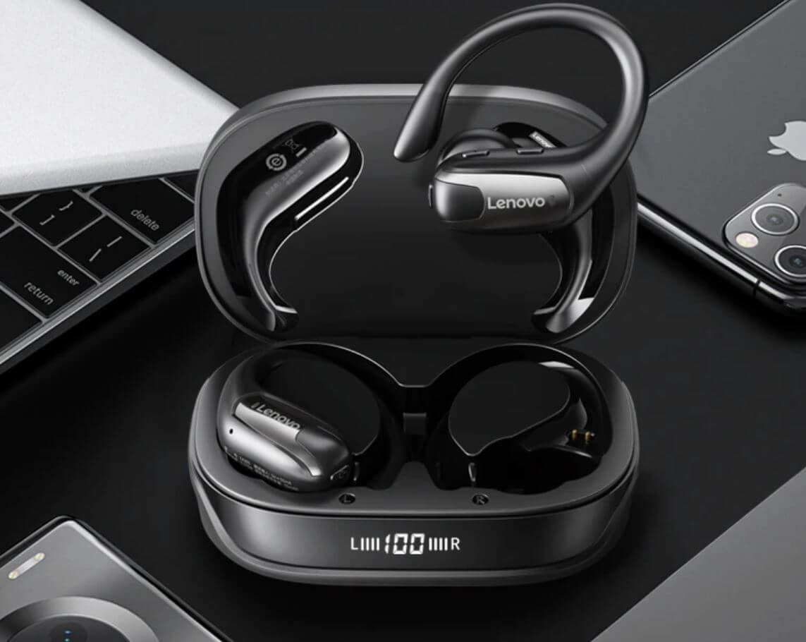 Недорогие Bluetooth-наушники Lenovo. Спортивные наушники Lenovo удобно держатся в ушах благодаря креплению. Недорогие Bluetooth-наушники Lenovo. Спортивные наушники Lenovo удобно держатся в ушах благодаря креплению. Фото.