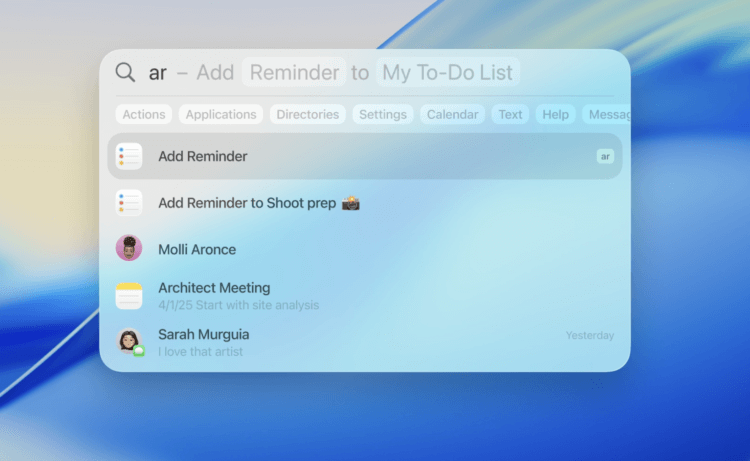 Вышла macOS Tahoe 26: дизайн Liquid Glass, настраиваемый цвет иконок, Live Activities и продвинутый Spotlight. Некоторые действия можно выполнять прямо из Spotlight. Изображение: Apple. Вышла macOS Tahoe 26: дизайн Liquid Glass, настраиваемый цвет иконок, Live Activities и продвинутый Spotlight. Некоторые действия можно выполнять прямо из Spotlight. Изображение: Apple. Фото.