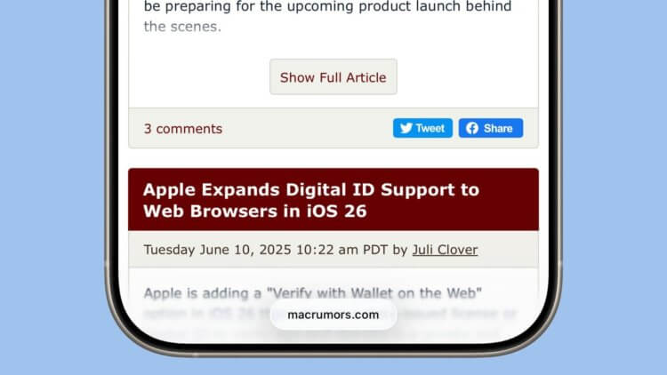 Как включить и выключить новый компактный режим Safari в iOS 26. При прокрутке в новом дизайне адресная строка сворачивается вот в такой минималистичный элемент. macrumors.com. Как включить и выключить новый компактный режим Safari в iOS 26. При прокрутке в новом дизайне адресная строка сворачивается вот в такой минималистичный элемент. macrumors.com. Фото.