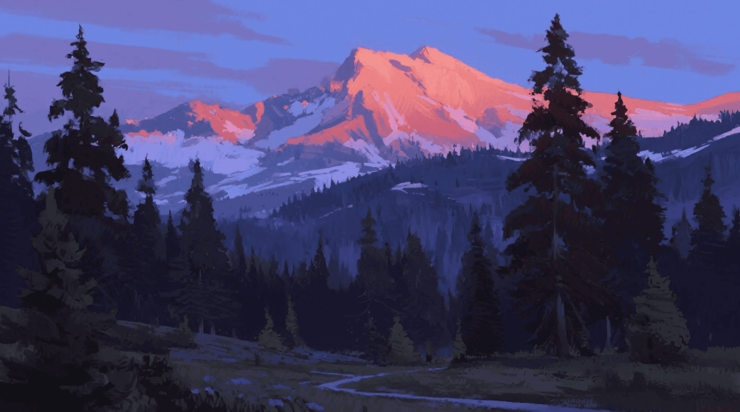 Нейросеть рисует картинки. Хвойный лес и рассвет на месте. Фото.