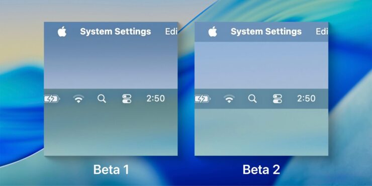 Что нового в macOS 26 Tahoe beta 2. Прозрачность строки меню теперь отключается. Изображение: 9to5mac.com. Фото.