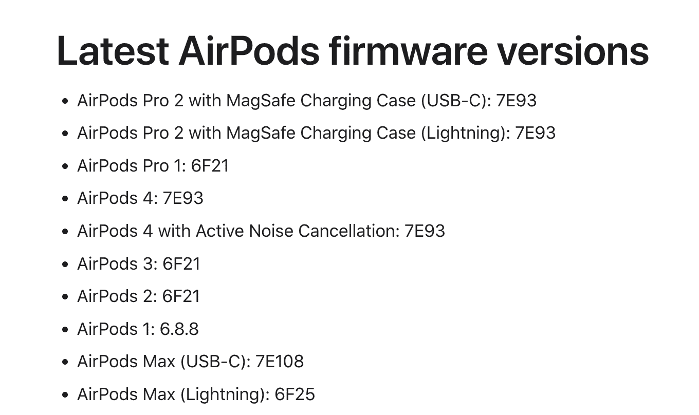 Как проверить AirPods по прошивке. На июль 2025 года актуальные номера прошивок выглядят так. Фото.