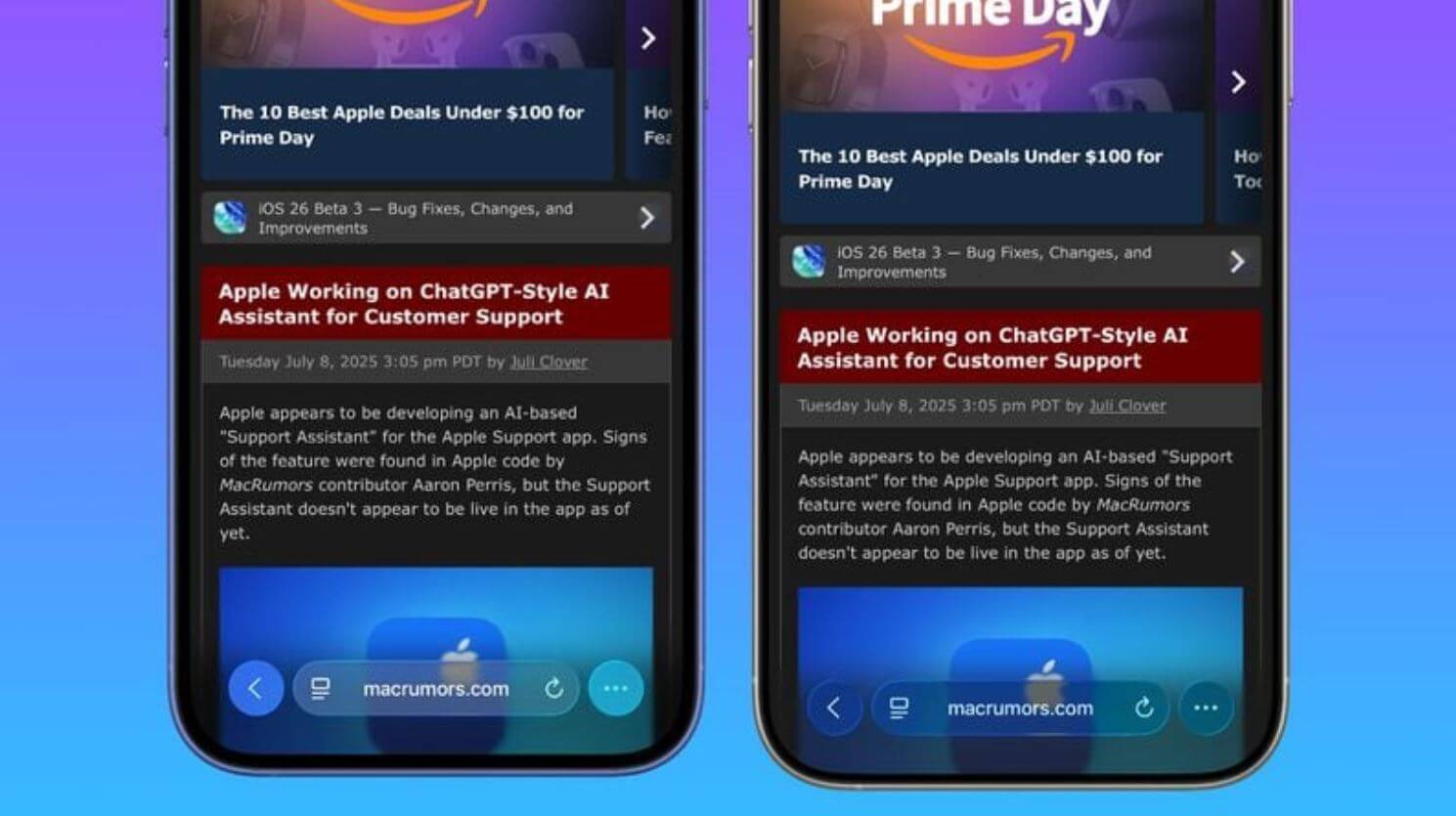 Как изменился прозрачный дизайн Liquid Glass в iOS 26 beta 3 по сравнению с iOS 26 beta 2. В темном режиме iOS 26 — почти без изменений. Фото: macrumours.com. Как изменился прозрачный дизайн Liquid Glass в iOS 26 beta 3 по сравнению с iOS 26 beta 2. В темном режиме iOS 26 — почти без изменений. Фото: macrumours.com. Фото.