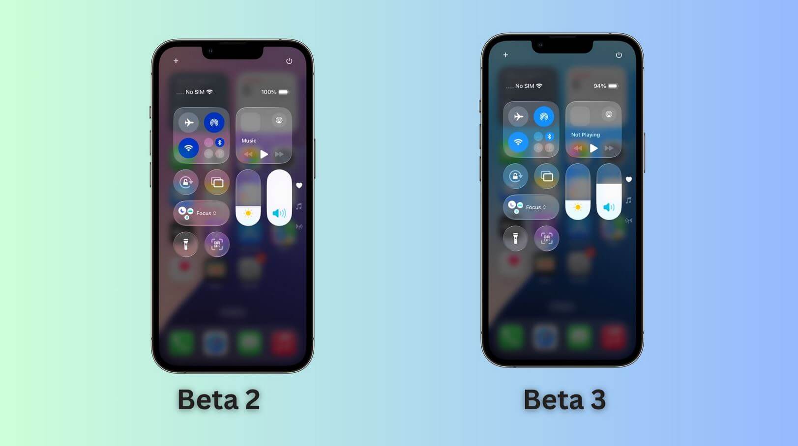 Как изменился прозрачный дизайн Liquid Glass в iOS 26 beta 3 по сравнению с iOS 26 beta 2. Пункт управления почти не изменился. Фото: cultofmac.com. Как изменился прозрачный дизайн Liquid Glass в iOS 26 beta 3 по сравнению с iOS 26 beta 2. Пункт управления почти не изменился. Фото: cultofmac.com. Фото.