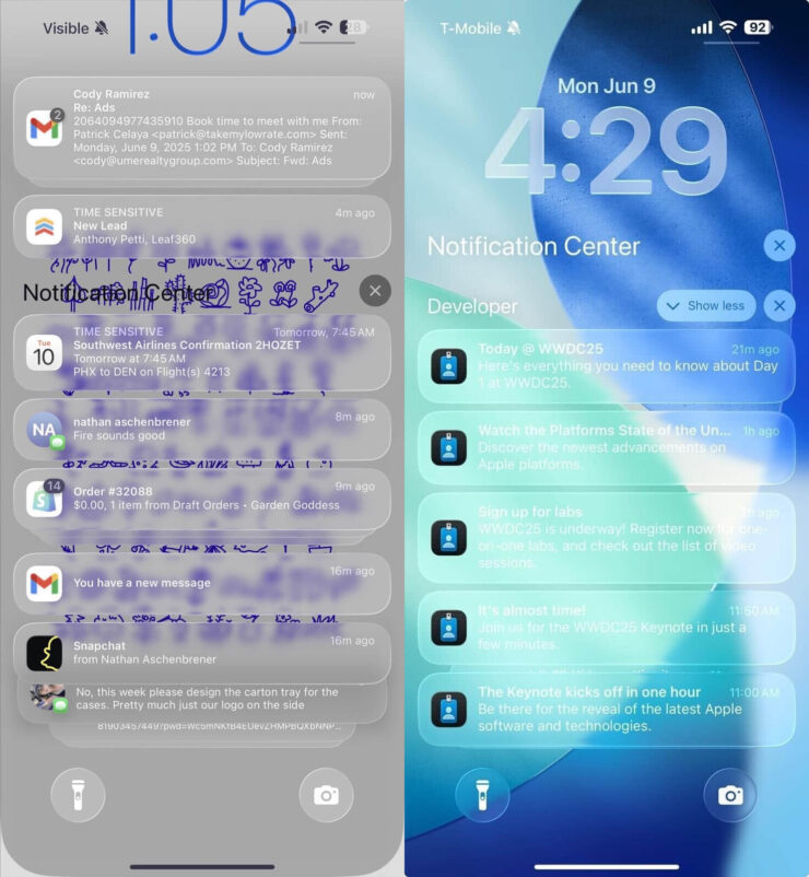 Что не так с дизайном Liquid Glass в iOS 26 и как Apple может это исправить. При использовании ярких обоев Liquid Glass делает уведомления практически нечитаемыми. Изображение: vc.ru. Что не так с дизайном Liquid Glass в iOS 26 и как Apple может это исправить. При использовании ярких обоев Liquid Glass делает уведомления практически нечитаемыми. Изображение: vc.ru. Фото.