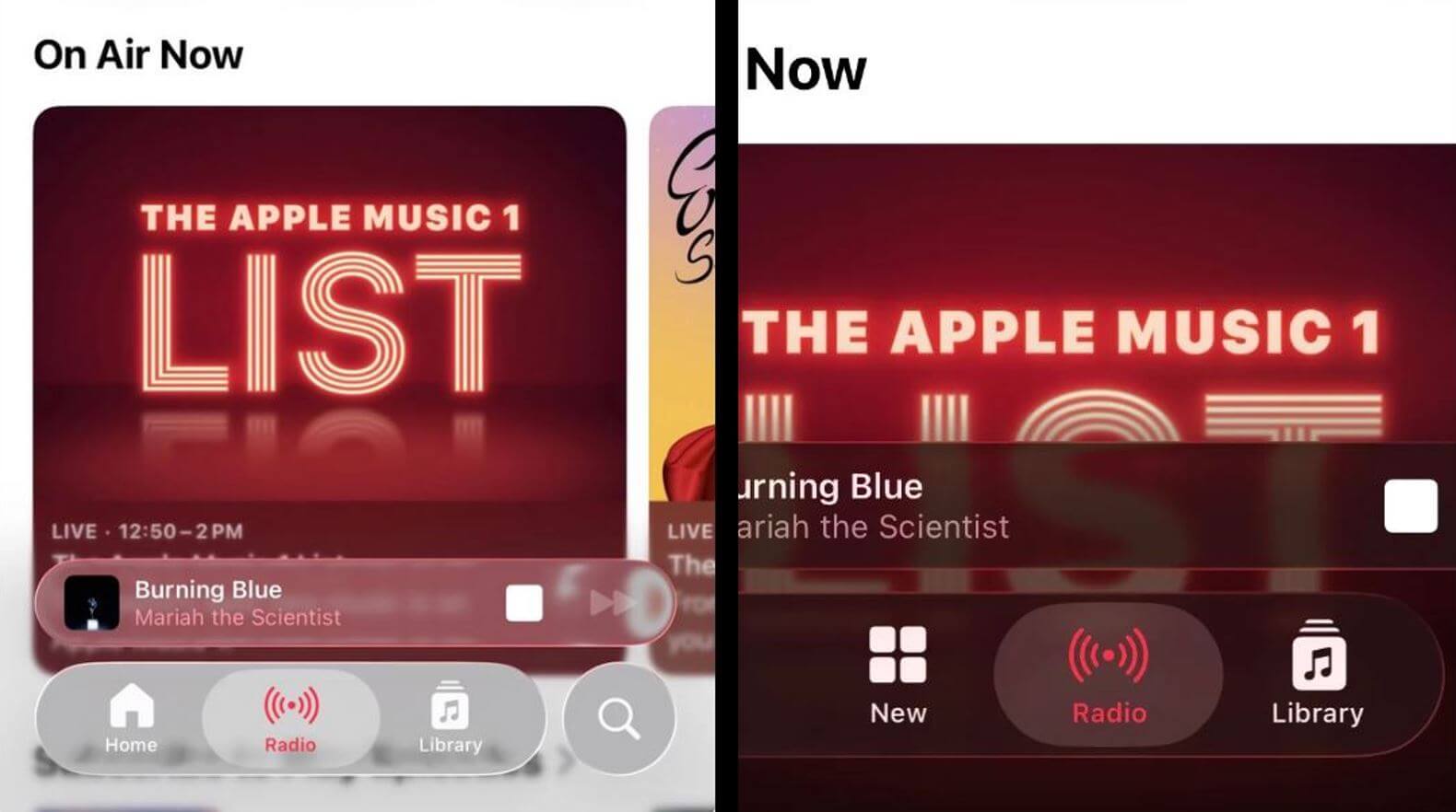Как изменился прозрачный дизайн Liquid Glass в iOS 26 beta 3 по сравнению с iOS 26 beta 2. В Apple Music нижняя панель теперь видна лучше. Как изменился прозрачный дизайн Liquid Glass в iOS 26 beta 3 по сравнению с iOS 26 beta 2. В Apple Music нижняя панель теперь видна лучше. Фото.