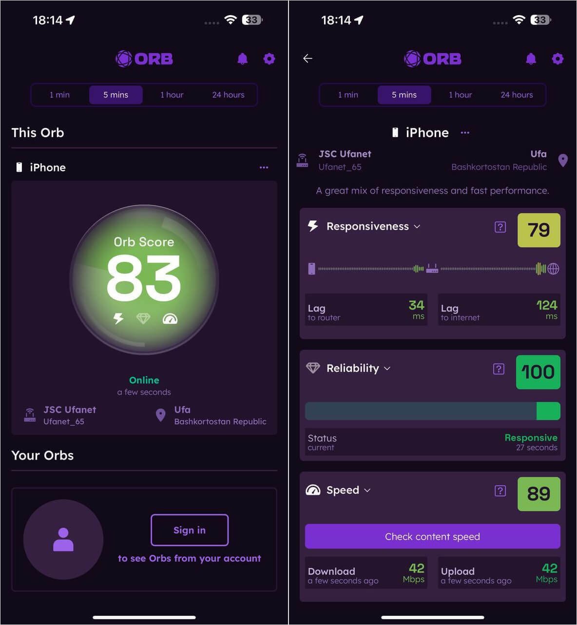 Как измерить скорость интернета на Айфоне после блокировки Speedtest в России. Orb работает как Speedtest — также интерфейс похожий. Как измерить скорость интернета на Айфоне после блокировки Speedtest в России. Orb работает как Speedtest — также интерфейс похожий. Фото.