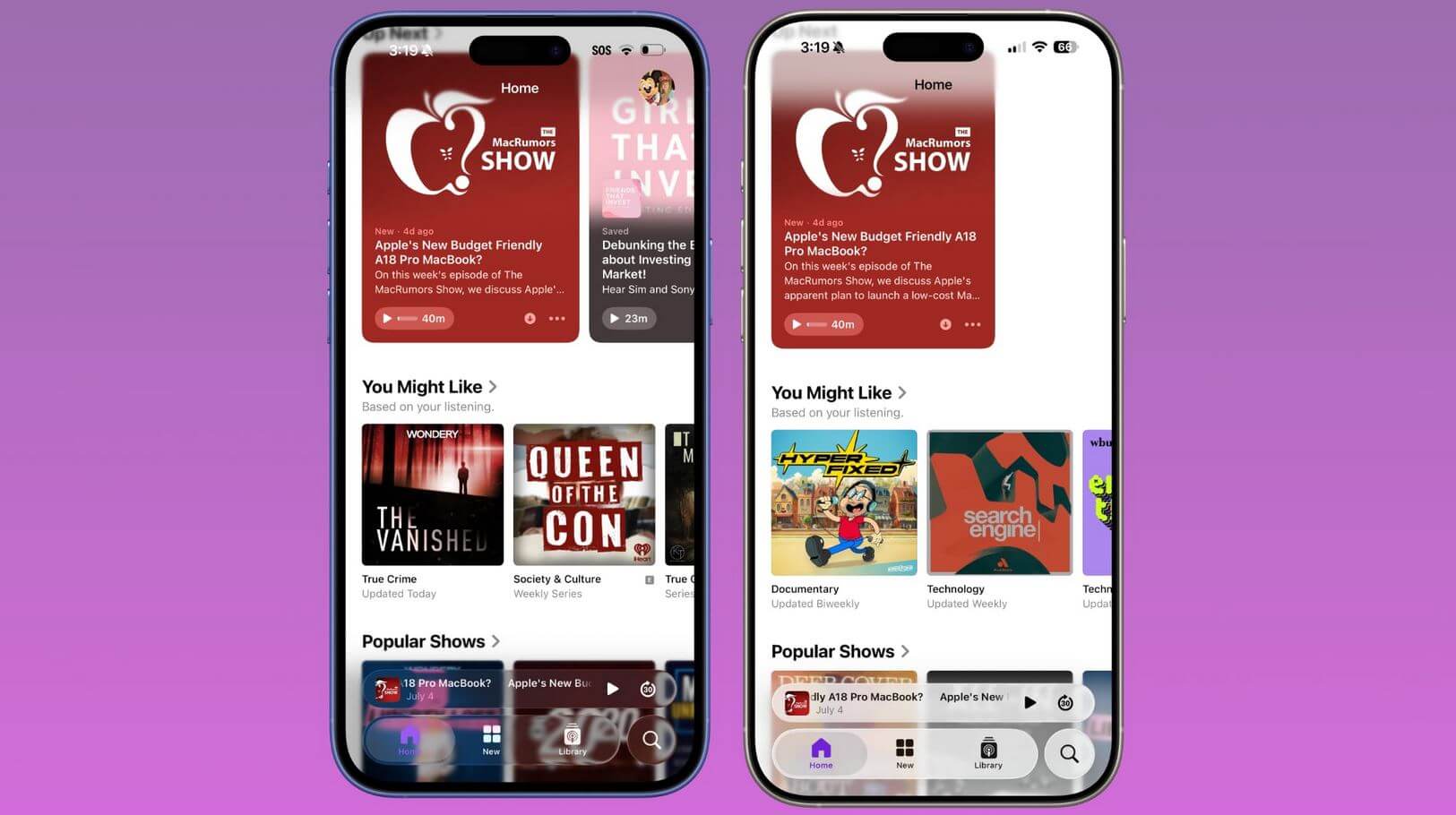 Как изменился прозрачный дизайн Liquid Glass в iOS 26 beta 3 по сравнению с iOS 26 beta 2. В подкастах сплошной фон панели точно не помешает. Фото: macrumours.com. Как изменился прозрачный дизайн Liquid Glass в iOS 26 beta 3 по сравнению с iOS 26 beta 2. В подкастах сплошной фон панели точно не помешает. Фото: macrumours.com. Фото.
