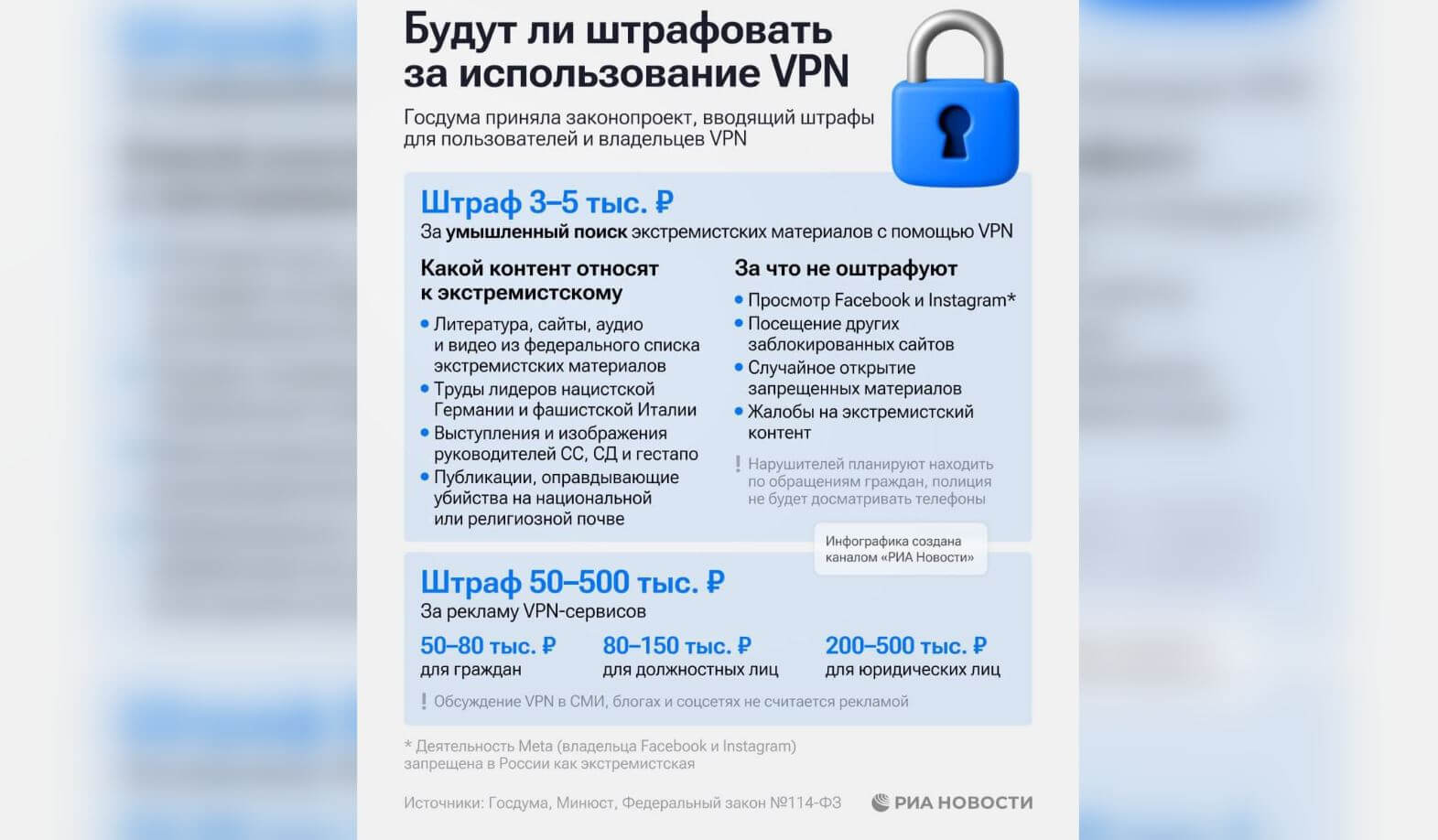 Что теперь можно искать в интернете, а что нет, и будут ли в России штрафовать за VPN и Instagram*. В короткой инфографике перечислены основные моменты нового закона о VPN. Фото: Телеграм-канал РИА Новости. Что теперь можно искать в интернете, а что нет, и будут ли в России штрафовать за VPN и Instagram*. В короткой инфографике перечислены основные моменты нового закона о VPN. Фото: Телеграм-канал РИА Новости. Фото.