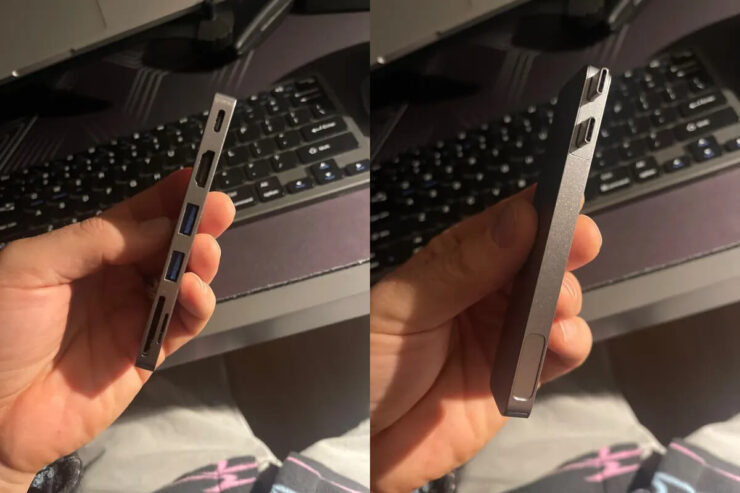 USB-C хаб для Макбука. Хаб удобно коннектится к ноутбуку. Фото.